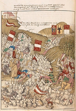 Darstellung der Morgartenschlacht aus der Spiezer Chronik des Diebold Schilling